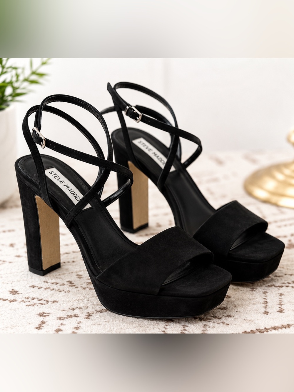 Steve Madden Assured Black Platform Block Heel Strappy Sandals 9.5 Quiet Luxury